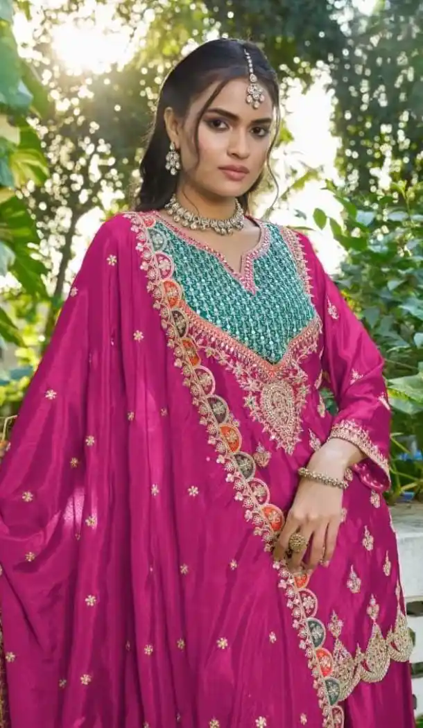 Pink Chinon Embroidered Palazzo Suit - 220024 