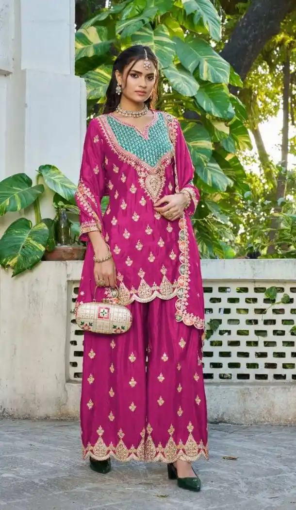 Pink Chinon Embroidered Palazzo Suit - 220024 