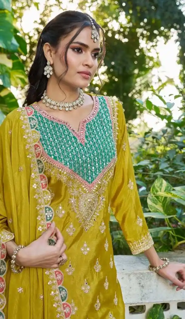 Mustard Chiffon Party Wear Palazzo Suit - 220025