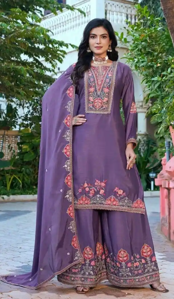 Elegant Purple Chinon Embroidery Palazzo Suit - 220039