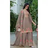 Brown Chinon Embroidery Work Party Wear Suit - 220040