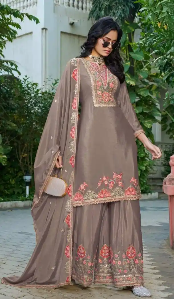Brown Chinon Embroidery Work Party Wear Suit - 220040