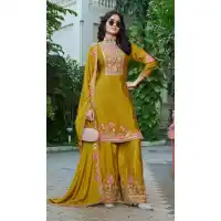 Yellow Chinon Designer Embroidery Palazzo Suit - 220041