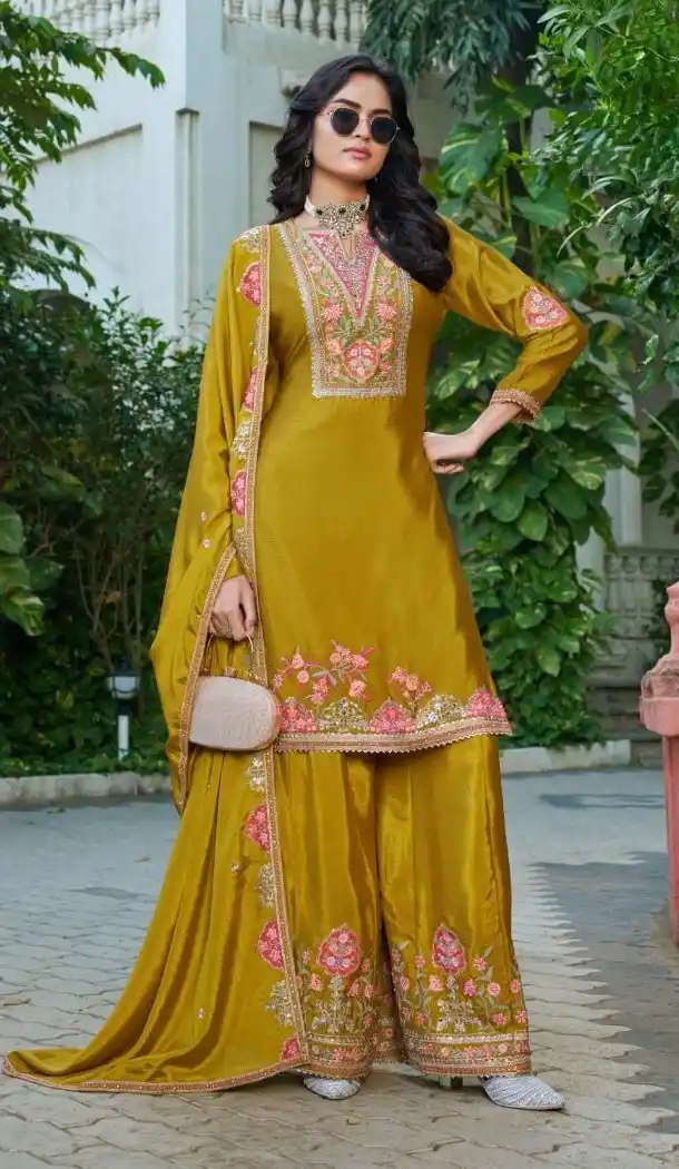 Yellow Chinon Designer Embroidery Palazzo Suit - 220041