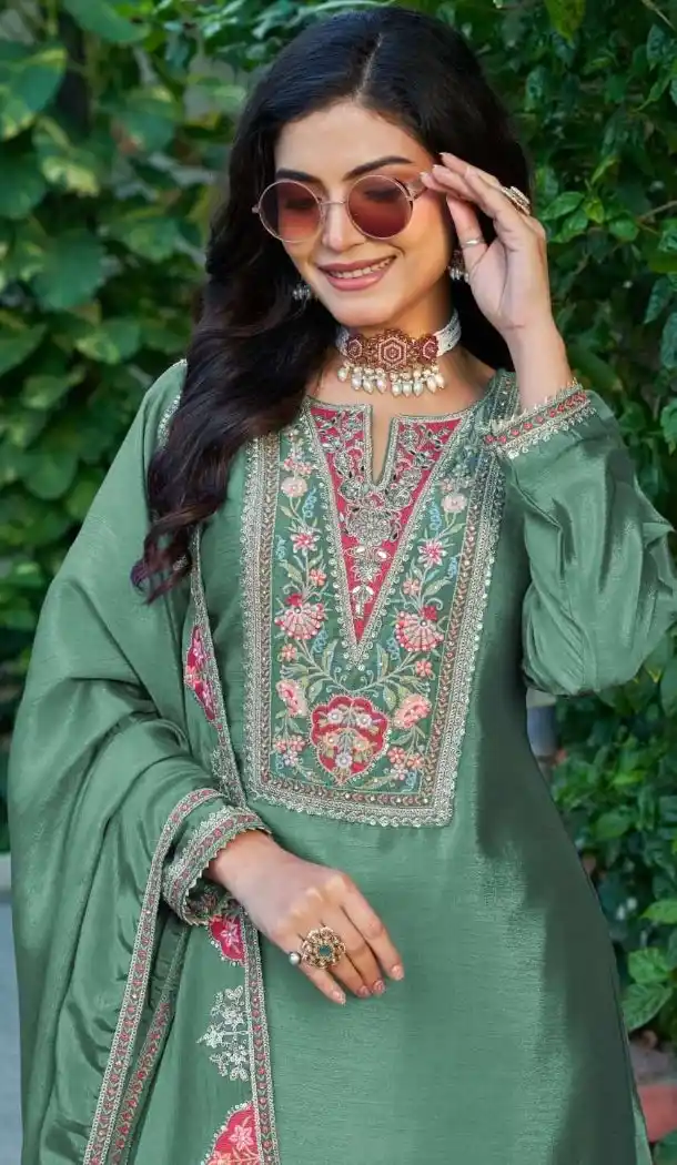 Green Chinon Festive Embroidery Work Palazzo Suit - 220042