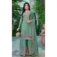 Green Chinon Festive Embroidery Work Palazzo Suit - 220042