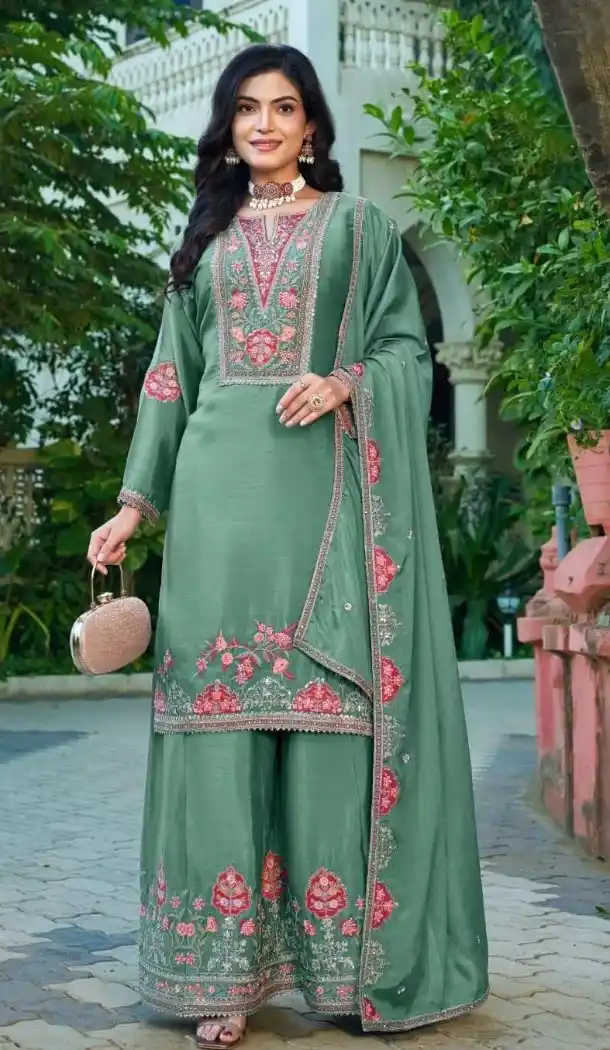 Green Chinon Festive Embroidery Work Palazzo Suit - 220042