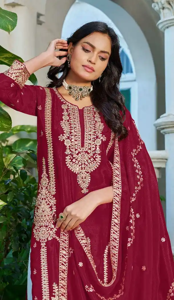 Maroon Chinon Embroidery Work Palazzo Suit - 220086