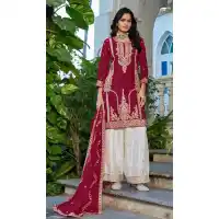 Maroon Chinon Embroidery Work Palazzo Suit - 220086
