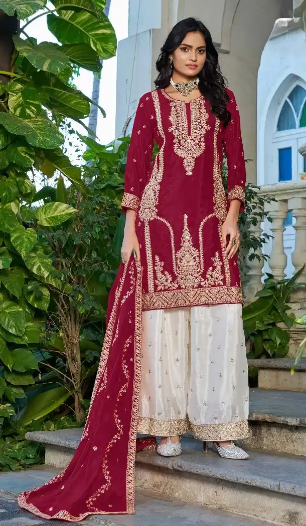 Maroon Chinon Embroidery Work Palazzo Suit - 220086