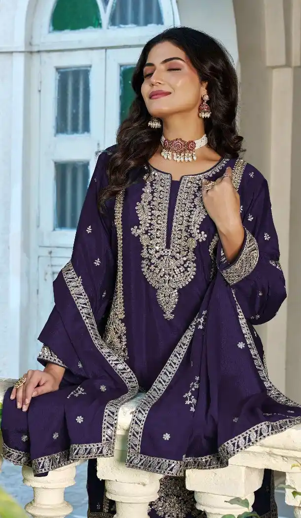 Purple Chinon Designer Palazzo Suit - 220087
