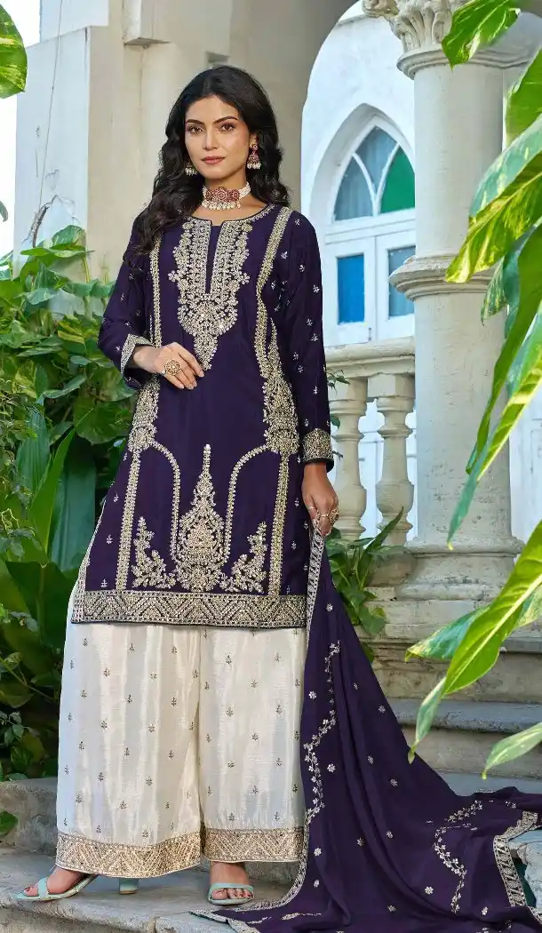 Purple Chinon Designer Palazzo Suit - 220087