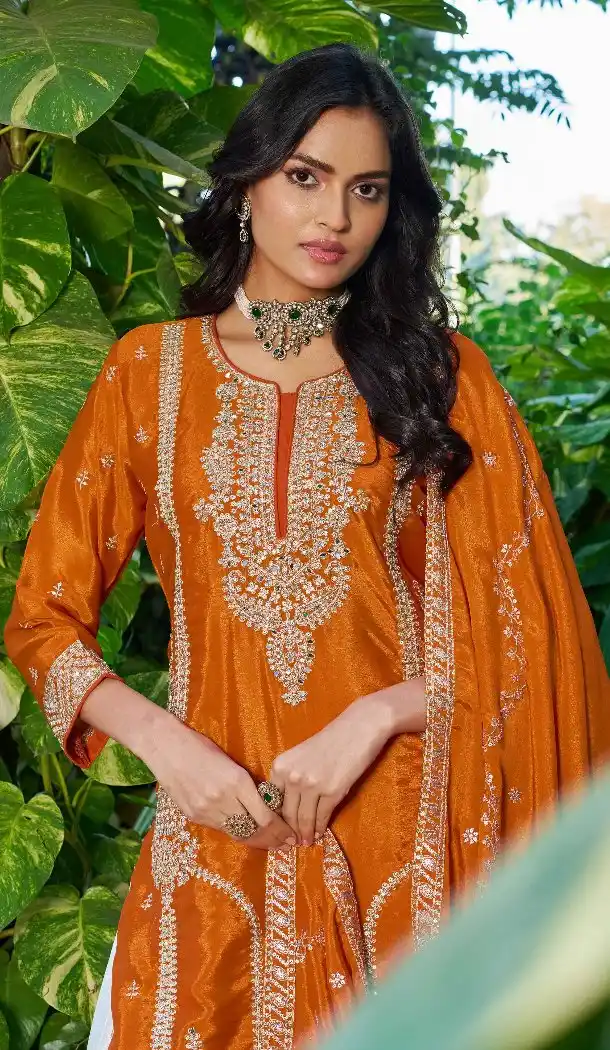 Orange Chinon Embroidery Party Wear Palazzo Suit - 220088
