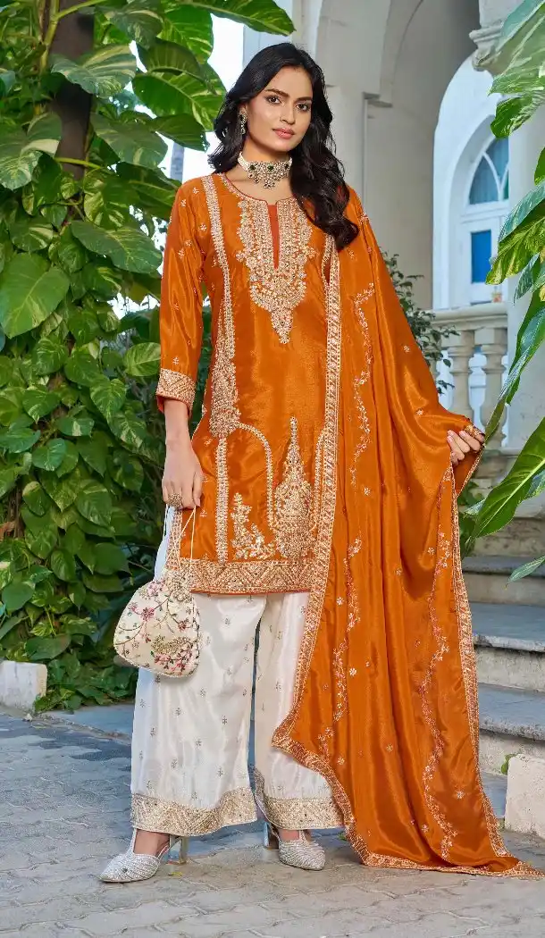 Orange Chinon Embroidery Party Wear Palazzo Suit - 220088