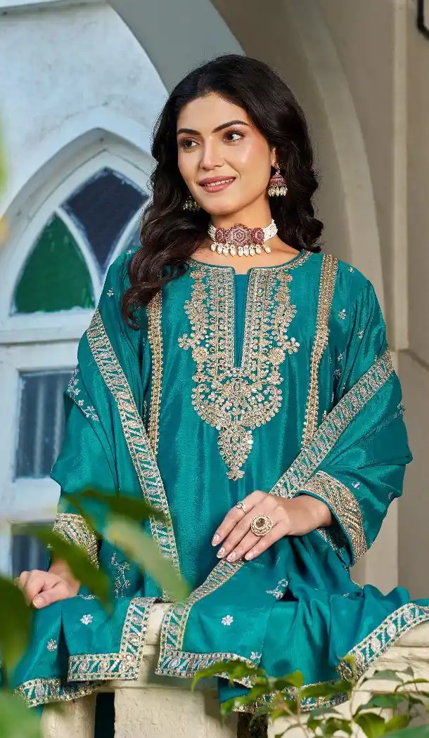 Teal Blue Chinon Embroidery Work Palazzo Suit - 220089