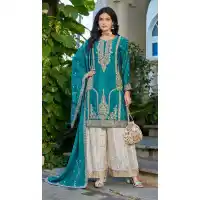 Teal Blue Chinon Embroidery Work Palazzo Suit - 220089