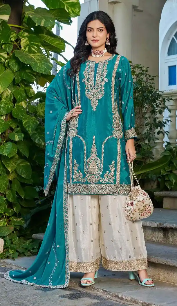 Teal Blue Chinon Embroidery Work Palazzo Suit - 220089