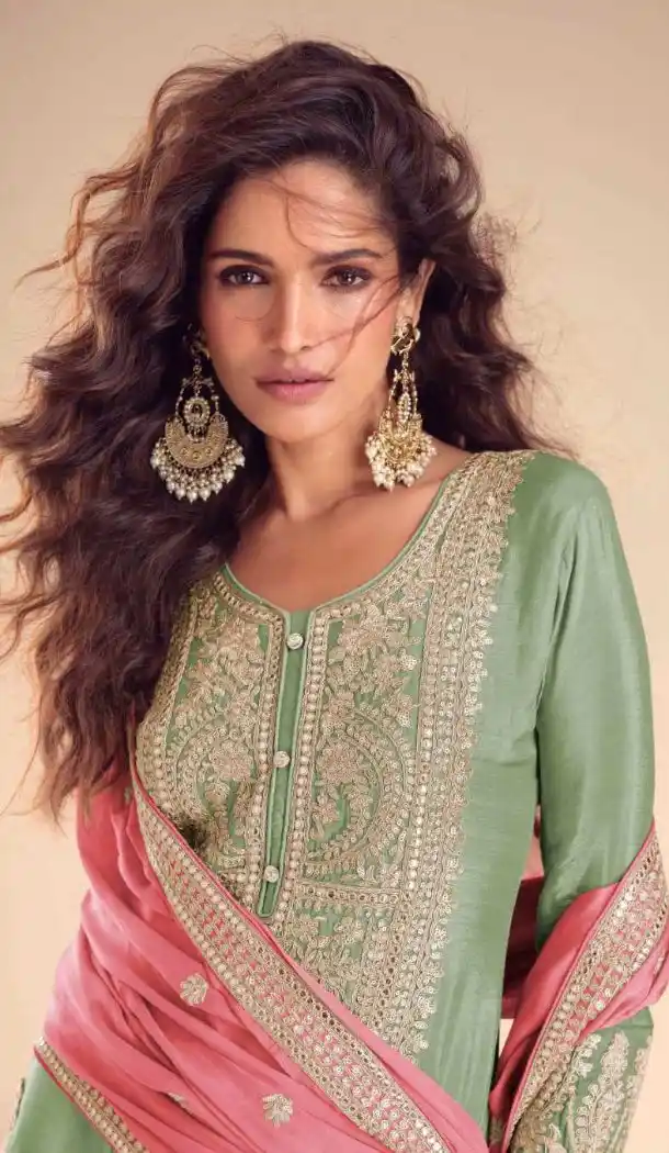 Sea Green Real Chinon Embroidery Work Palazzo Suit - 220090