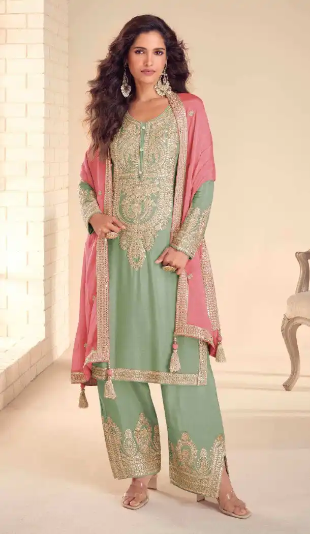 Sea Green Real Chinon Embroidery Work Palazzo Suit - 220090