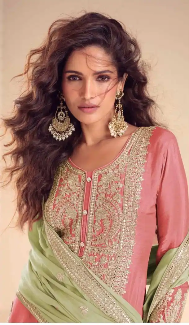 Pink Real Chinon Designer Palazzo Suit - 220091