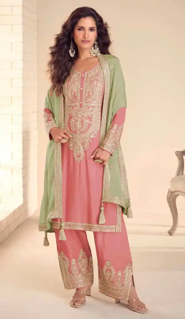 Pink Real Chinon Designer Palazzo Suit - 220091