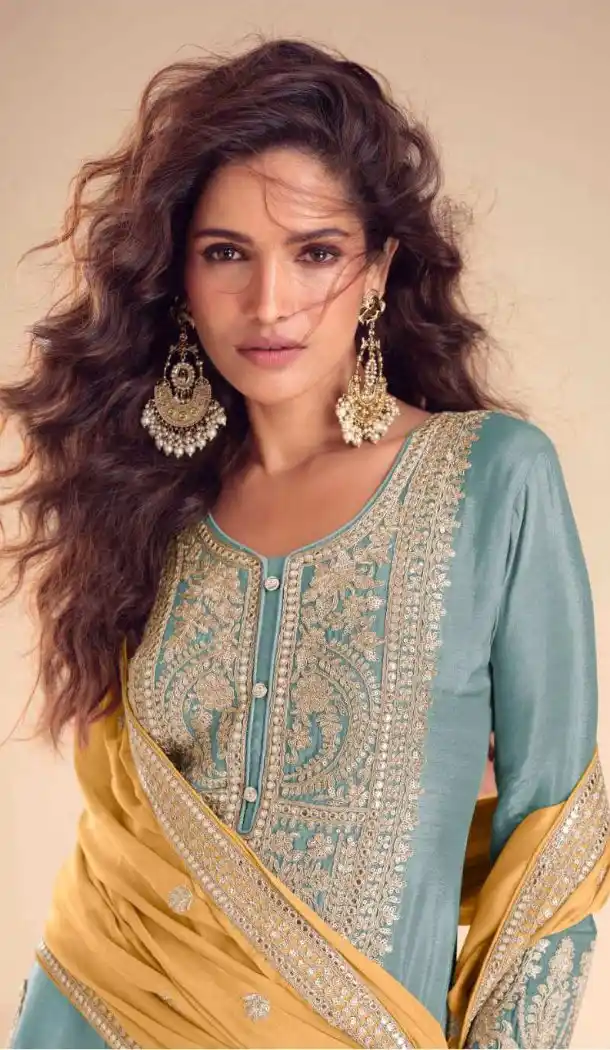Sky Blue Real Chinon Embroidery Palazzo Suit - 220092