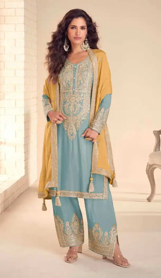 Sky Blue Real Chinon Embroidery Palazzo Suit - 220092
