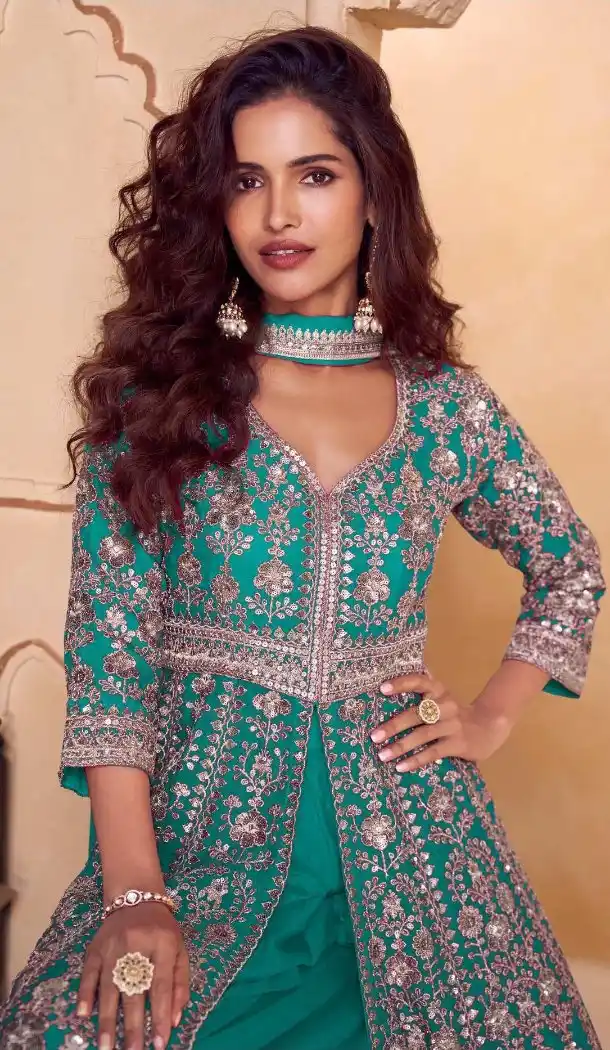 Teal Blue Real Chinon Embroidery Salwar Suit - 220095