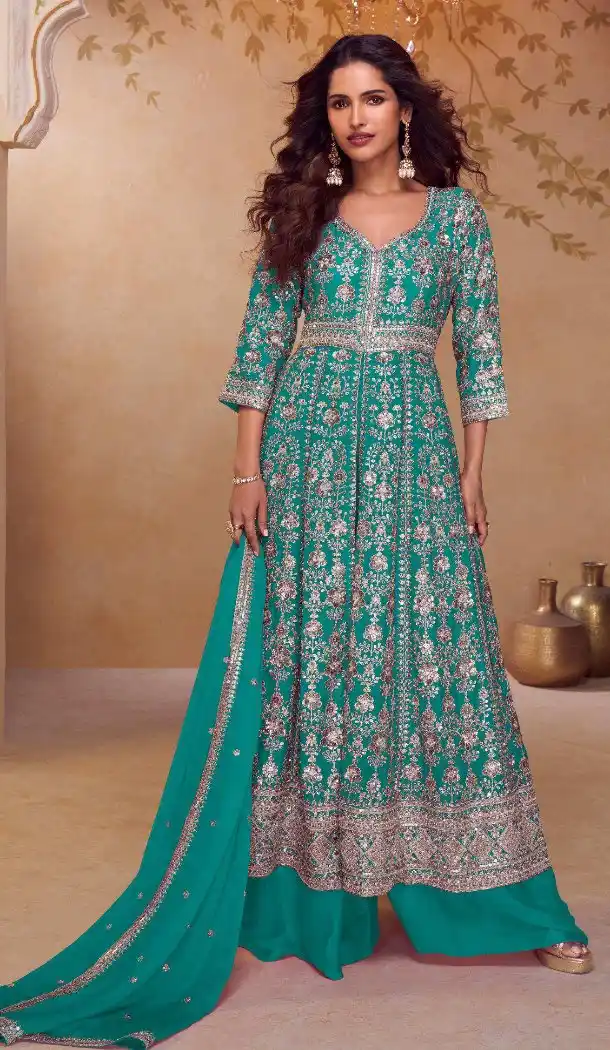 Teal Blue Real Chinon Embroidery Salwar Suit - 220095