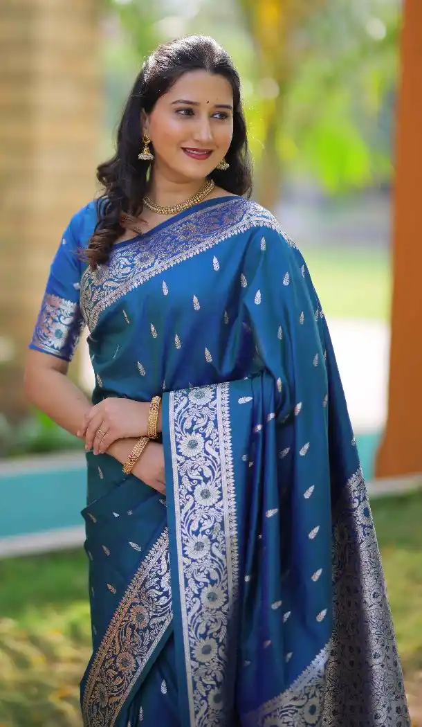 Teal Blue Pure Banarasi Silk Traditional Wear Saree - 220110