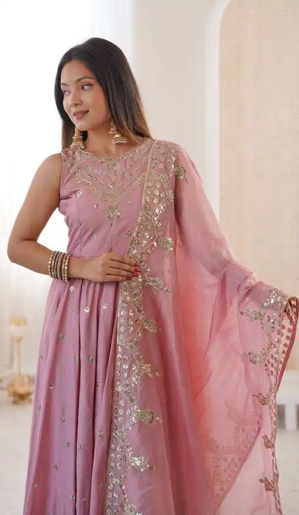 Baby Pink Roman Silk Embroidery Work Anarkali Salwar Suit - 220145