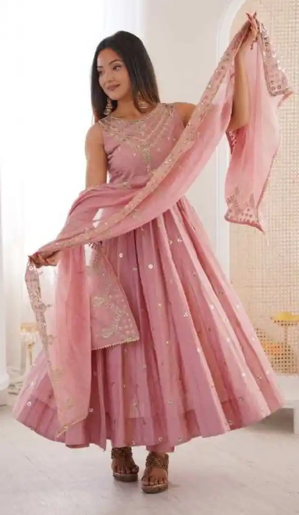 Baby Pink Roman Silk Embroidery Work Anarkali Salwar Suit - 220145
