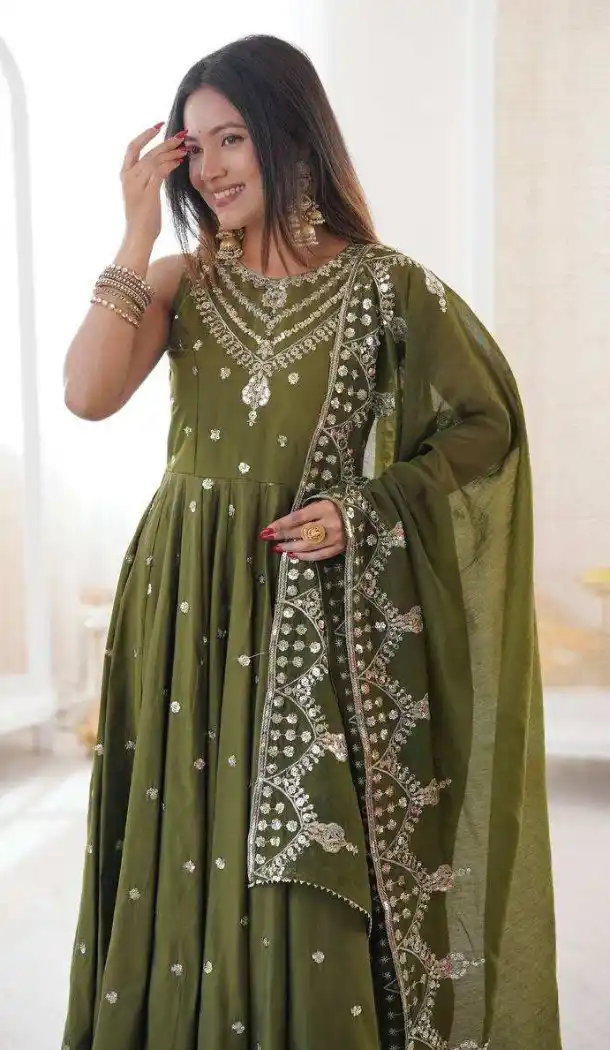Mehendi Green Roman Silk Designer Anarkali Salwar Suit - 220147