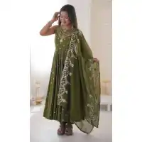 Mehendi Green Roman Silk Designer Anarkali Salwar Suit - 220147