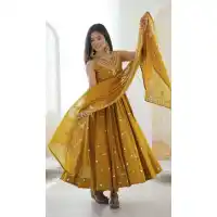 Mustard Roman Silk Embroidery Sequence Anarkali Salwar Suit - 220148