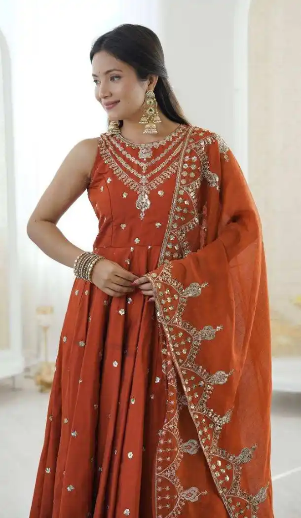 Orange Roman Silk Party Wear Anarkali Salwar Suit - 220149