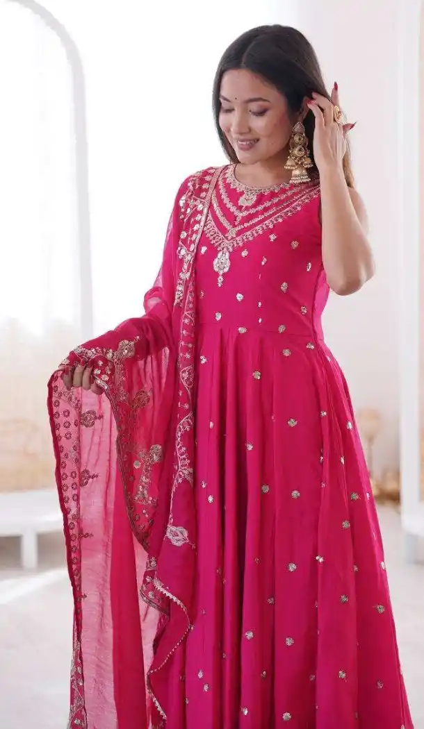 Pink Roman Silk Embroidery Work Anarkali Salwar Suit - 220150