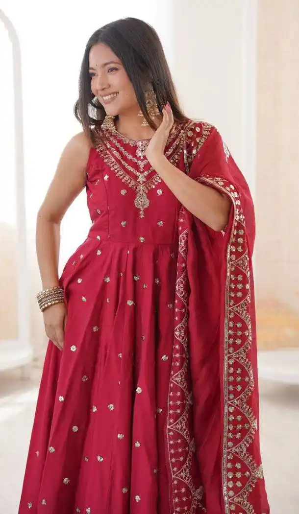 Red Roman Silk Sequence Work Anarkali Salwar Suit - 220151