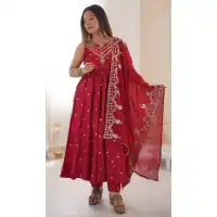 Red Roman Silk Sequence Work Anarkali Salwar Suit - 220151