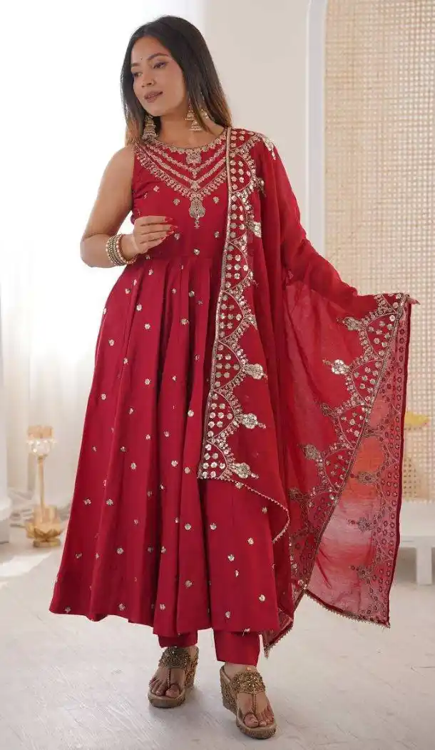 Red Roman Silk Sequence Work Anarkali Salwar Suit - 220151