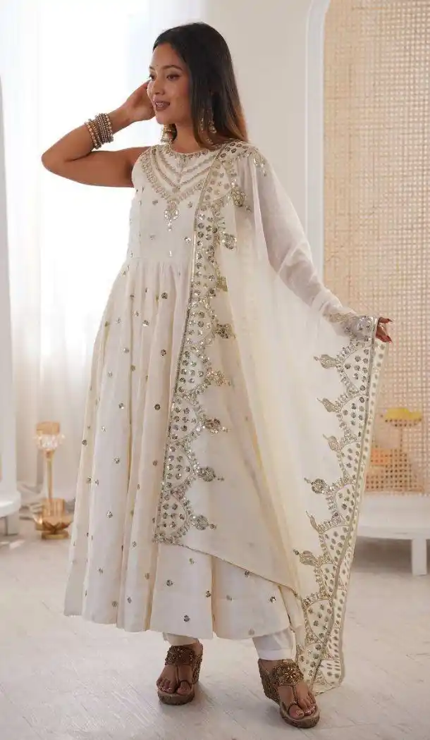 White Roman Silk Designer Anarkali Salwar Suit - 220152