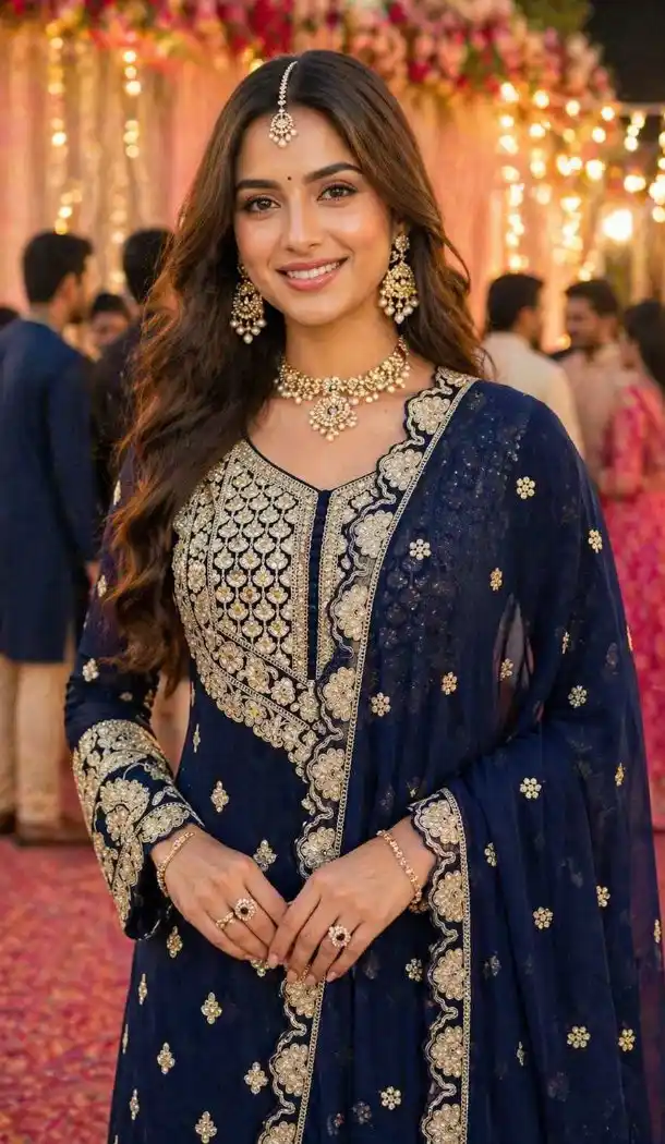 Navy Blue Georgette Embroidered Sharara Suit - 220167
