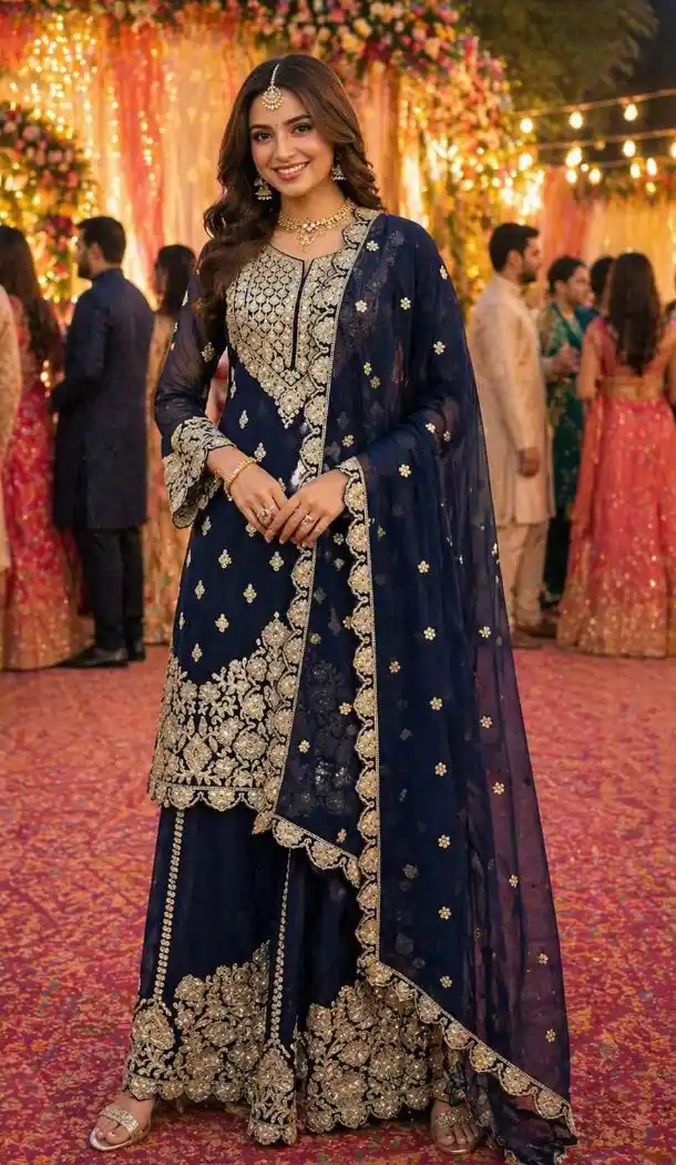 Navy Blue Georgette Embroidered Sharara Suit - 220167