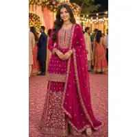 Pink Georgette Mirror Work Sharara Suit - 220168