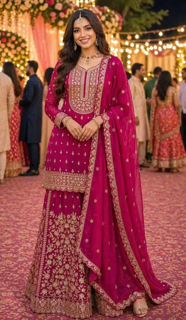 Pink Georgette Mirror Work Sharara Suit - 220168