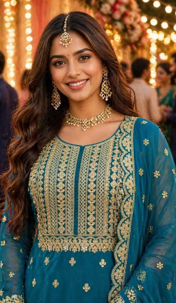 Teal Blue Georgette Embroidery Sharara Suit - 220169