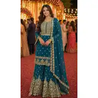 Teal Blue Georgette Embroidery Sharara Suit - 220169