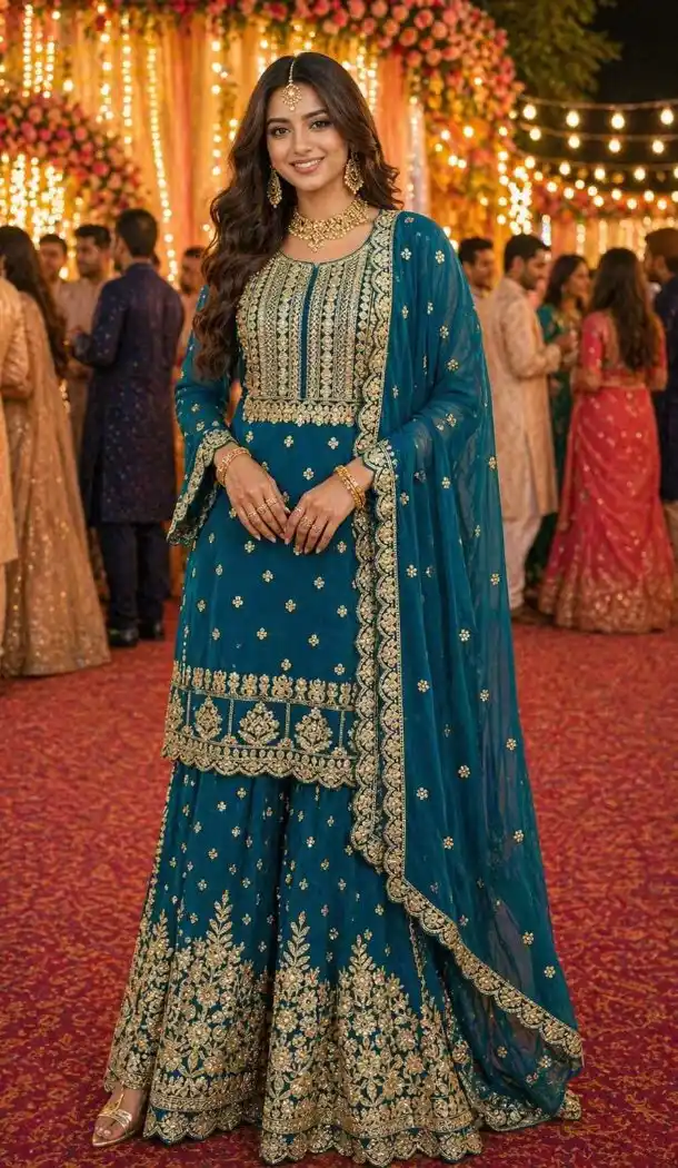 Teal Blue Georgette Embroidery Sharara Suit - 220169