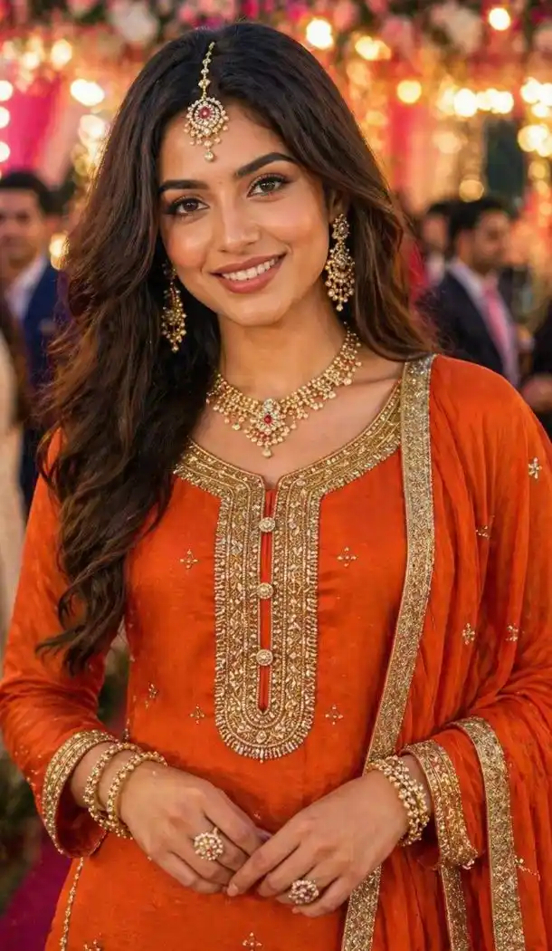 Orange Chinon Silk Beads Work Palazzo Suit - 220170