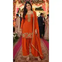 Orange Chinon Silk Beads Work Palazzo Suit - 220170